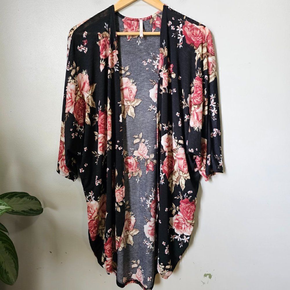 EUC LIME N CHILI FLORAL COCCOON LONG LINE BOHO KIMONO TOP SIZE M
